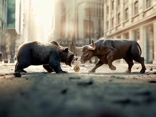 Selbstklebende Fototapeten A bear and a bull fighting for a Bitcoin coin in a city © madrolly