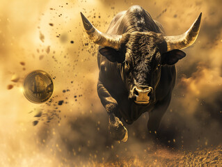 Bull running towards a Bitcoin coin with dust behind - 766870228