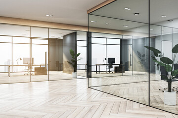 Modern executive office with glass partitions reflecting the urban skyline. Interior design concept. 3D Rendering