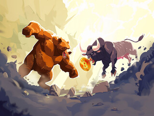Cartoon drawing of a bear fighting a bull for a Bitcoin coin - 766870246