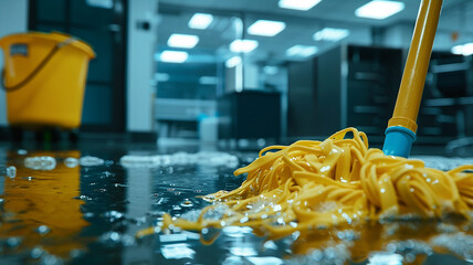 Cleaning floor with mop in office close-up.