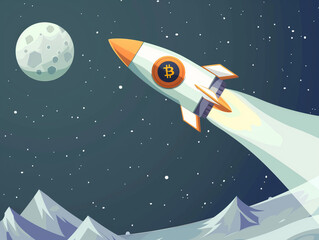 A rocket with a Bitcoin symbol flying to the moon - 766870254
