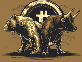 A drawing of a bear and a bull back to back with a Bitcoin coin behind them - 766870258