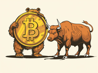 A cartoon drawing of a bear holding a big Bitcoin coin with a bull next to him - 766870260