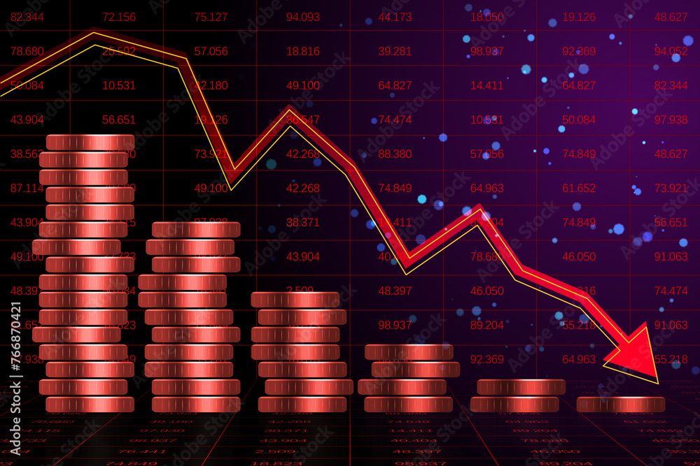 Aufkleber a financial concept with coins and a descending graph on a red digital background, symbolizing an ec
