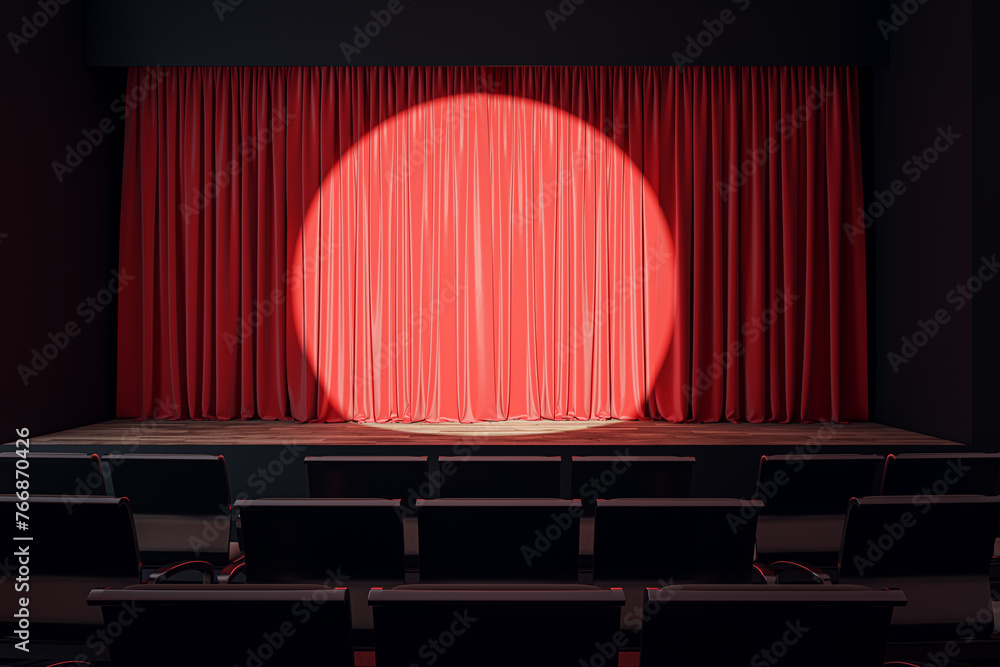 Poster empty theater with spotlight on red curtains, dramatic atmosphere. 3d rendering