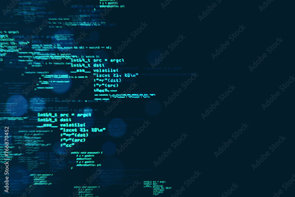Poster Digital code streams featuring programming symbols and data on a dark blue background, representing cyberspace and digital technology. 3D Rendering