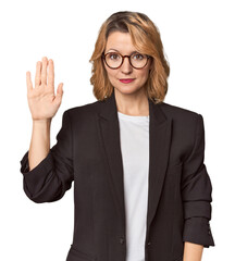 Caucasian woman in black business suit smiling cheerful showing number five with fingers.