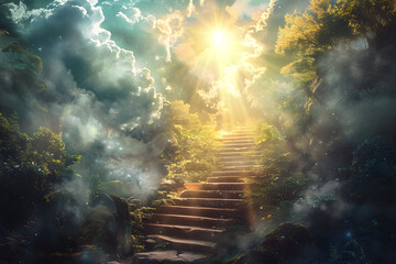 A depiction of a stairway to heaven, representing the idea of meeting God and entering paradise. It symbolizes the concept of Christian faith and spirituality. - obrazy, fototapety, plakaty