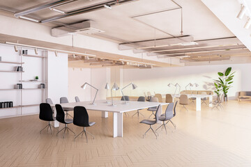 A modern office interior with a long table, chairs, lamps, shelves with items, and a plant, in a realistic style on a light background, concept of workspace. 3D Rendering