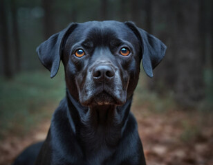 Black adult Labrador dog close-up in the forest alone