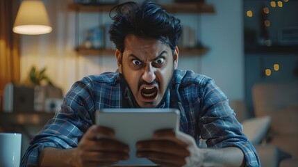 Indian guy staring at smartphone screen with angry face expression, get awful news in notice from bank, bad message, scam, fraud, screams due to short battery life, lagging phone, mobile  Ai Generated - obrazy, fototapety, plakaty
