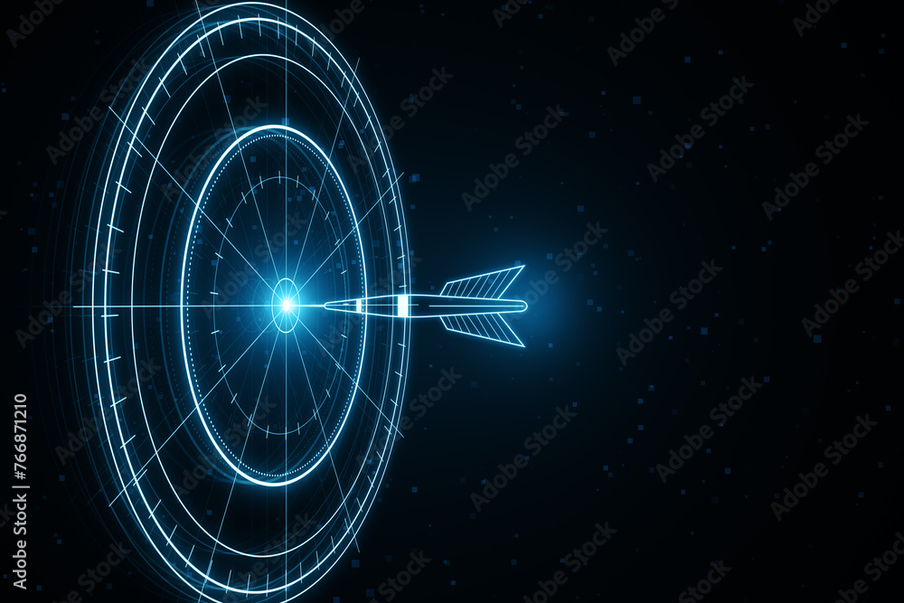 Poster abstract digital radar and arrow design in neon blue on dark background, concept of navigation. 3d r