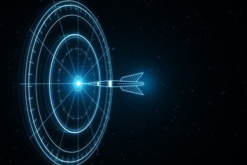 Obraz premium Abstract digital radar and arrow design in neon blue on dark background, concept of navigation. 3D Rendering
