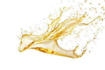 Golden splashes of oil with dynamic movement, isolated on a white background.