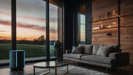 Elegant living room with panoramic windows facing a stunning sunset over the countryside, embodying tranquility