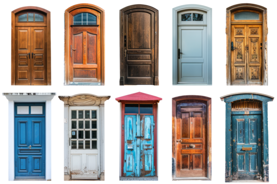 variety of home door elements including modern, traditional, rustic and modern designs, full length in studio isolated on white background.
