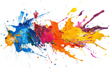 Vivid acrylic paint splatter , bold and spontaneous splashes creating abstract pieces on white.