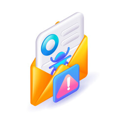 D Isometric illustration, Cartoon. Caution. Hacking the system, a letter with a virus. Envelope containing the file contains malicious software. Vector icons for website