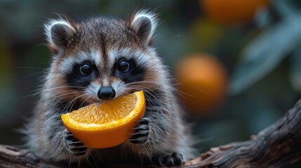 Raccoon holding a piece of orange fruit