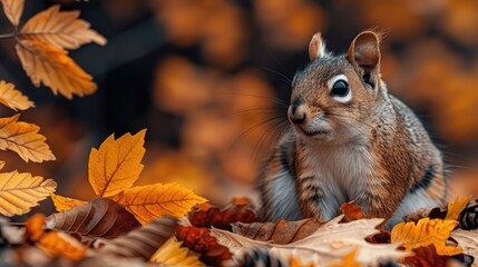 Naklejka na ściany i meble Squirrel surrounded by autumn leaves