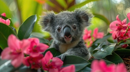 Cute koala nestled among pink flowers