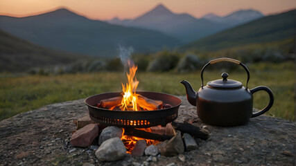 Camp fire and tea pot, tent and mountains in the background at sunset. Travel concept and Hobbies - obrazy, fototapety, plakaty