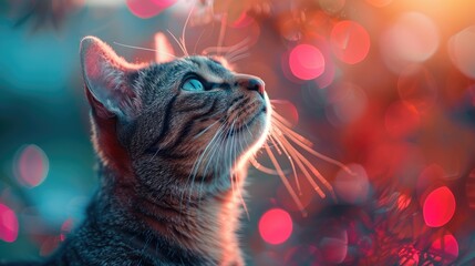 Cat gazing with bokeh light effect - obrazy, fototapety, plakaty