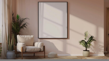 Modern minimalist interior with empty poster frame mockup