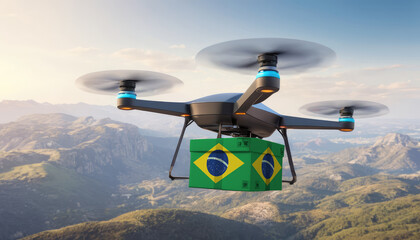 Package cardboard box with flag Brazil drones fly above sky, business concept and air transportation industry, unmanned aircraft robot to home,and controlled by remote AI