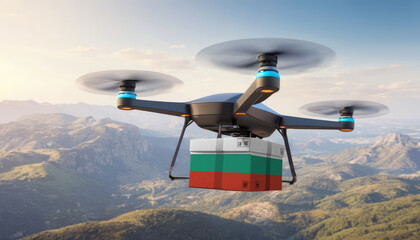 Naklejka na ściany i meble Package cardboard box with flag Bulgaria drones fly above sky, business concept and air transportation industry, unmanned aircraft robot to home,and controlled by remote AI