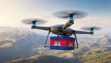 Naklejka na ściany i meble Package cardboard box with flag Cambodia drones fly above sky, business concept and air transportation industry, unmanned aircraft robot to home,and controlled by remote AI