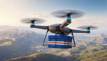 Package cardboard box with flag Cape Verde drones fly above sky, business concept and air transportation industry, unmanned aircraft robot to home,and controlled by remote AI