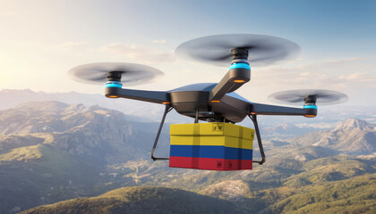 Naklejka na ściany i meble Package cardboard box with flag Colombia drones fly above sky, business concept and air transportation industry, unmanned aircraft robot to home,and controlled by remote AI