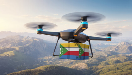 Package cardboard box with flag Comoros drones fly above sky, business concept and air transportation industry, unmanned aircraft robot to home,and controlled by remote AI
