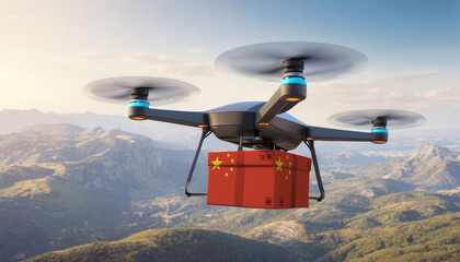 Naklejka na ściany i meble Package cardboard box with flag China drones fly above sky, business concept and air transportation industry, unmanned aircraft robot to home,and controlled by remote AI