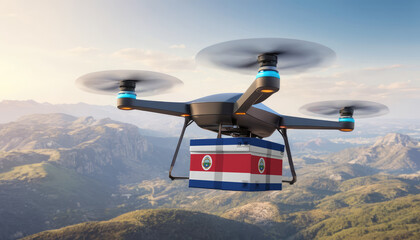 Naklejka na ściany i meble Package cardboard box with flag Costa Rica drones fly above sky, business concept and air transportation industry, unmanned aircraft robot to home,and controlled by remote AI