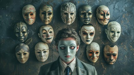 Portrayal of a man with masks representing different roles in life