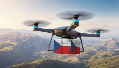 Naklejka na ściany i meble Package cardboard box with flag Czech drones fly above sky, business concept and air transportation industry, unmanned aircraft robot to home,and controlled by remote AI