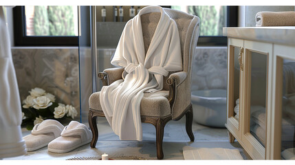 Tranquil Retreat: Luxurious Bathrobe and Slippers Ready for Relaxation - obrazy, fototapety, plakaty