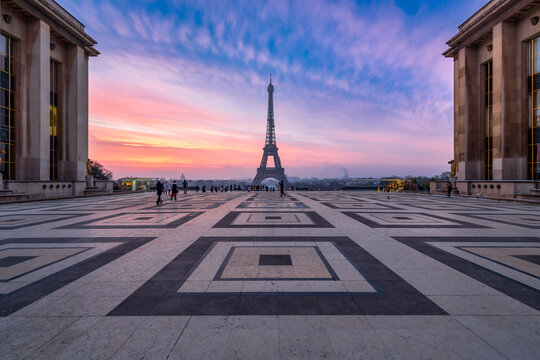 Eiffel Tower at sunrise seen from Place du Trocadero in Paris, France