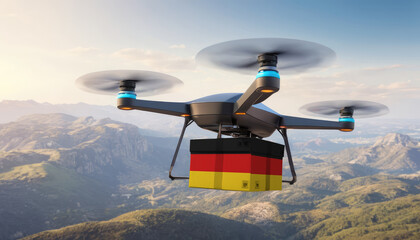 Naklejka na ściany i meble Package cardboard box with flag Germany drones fly above sky, business concept and air transportation industry, unmanned aircraft robot to home,and controlled by remote AI