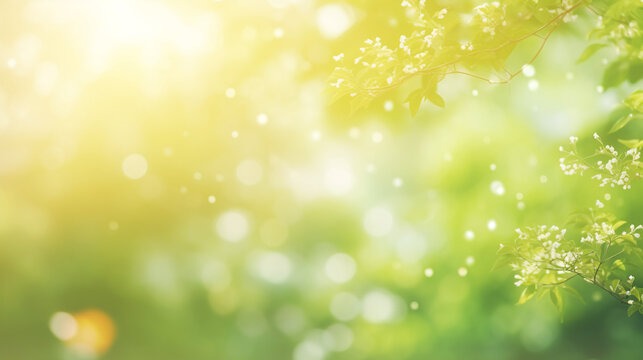 Green nature bokeh background with sunlight and lens flare effect.