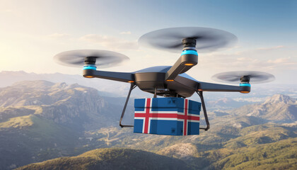Naklejka na ściany i meble Package cardboard box with flag Iceland drones fly above sky, business concept and air transportation industry, unmanned aircraft robot to home,and controlled by remote AI