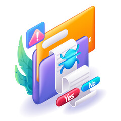 3D Isometric illustration, Cartoon. Danger, penetration of malware into the folder with passwords and credit card data. Spider. Vector icons for website