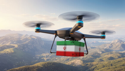 Package cardboard box with flag Iran drones fly above sky, business concept and air transportation industry, unmanned aircraft robot to home,and controlled by remote AI