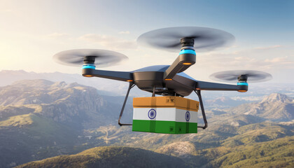 Naklejka na ściany i meble Package cardboard box with flag India drones fly above sky, business concept and air transportation industry, unmanned aircraft robot to home,and controlled by remote AI
