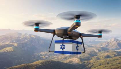 Naklejka na ściany i meble Package cardboard box with flag Israel drones fly above sky, business concept and air transportation industry, unmanned aircraft robot to home,and controlled by remote AI