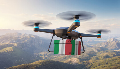 Naklejka na ściany i meble Package cardboard box with flag Italy drones fly above sky, business concept and air transportation industry, unmanned aircraft robot to home,and controlled by remote AI
