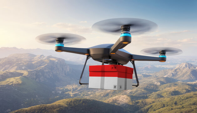 Package cardboard box with flag Indonesia drones fly above sky, business concept and air transportation industry, unmanned aircraft robot to home,and controlled by remote AI
